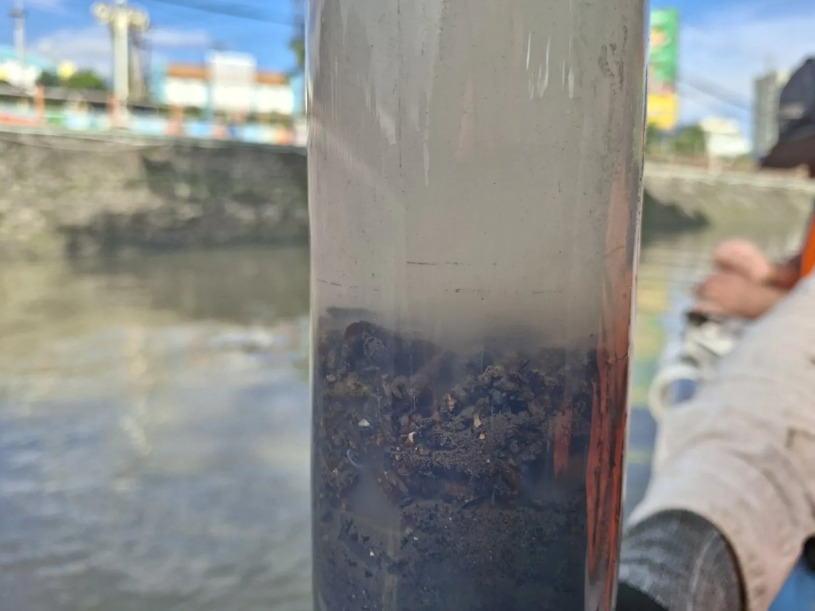 An intact sediment core with overlying water retained above the sediment surface
