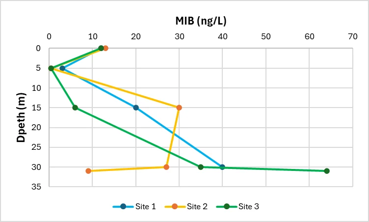 Measured MIB concentration plotted against depth at three reservoir sites